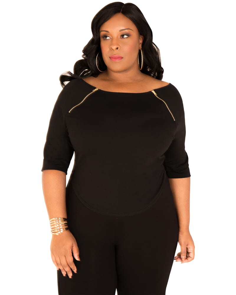 Front of a model wearing a size L Taylor Zipper Shoulder Shirt in Black by Poetic Justice. | dia_product_style_image_id:275620